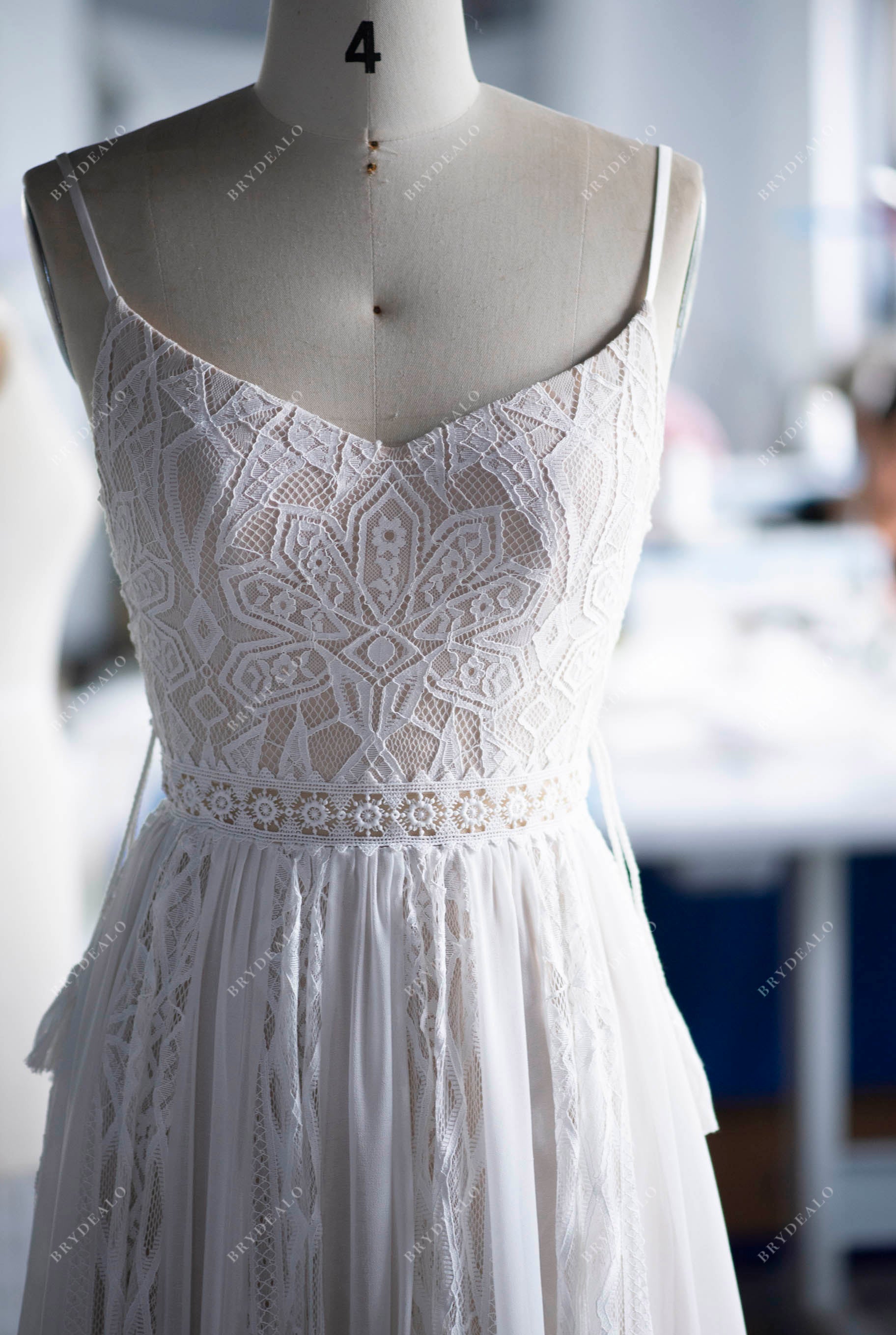 tailored spaghetti straps V-neck lace wedding dress