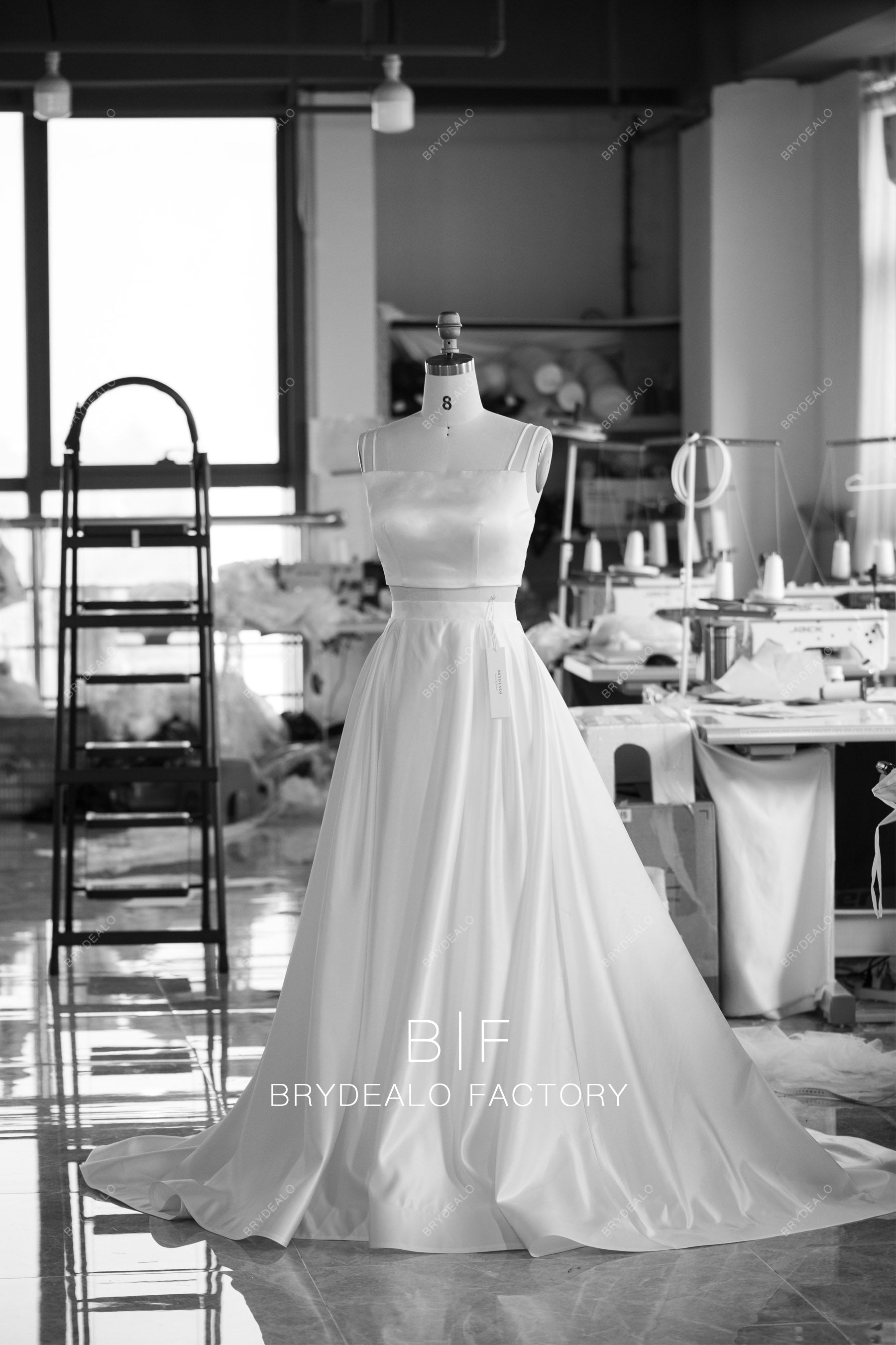 designer two piece A-line satin simple wedding dress