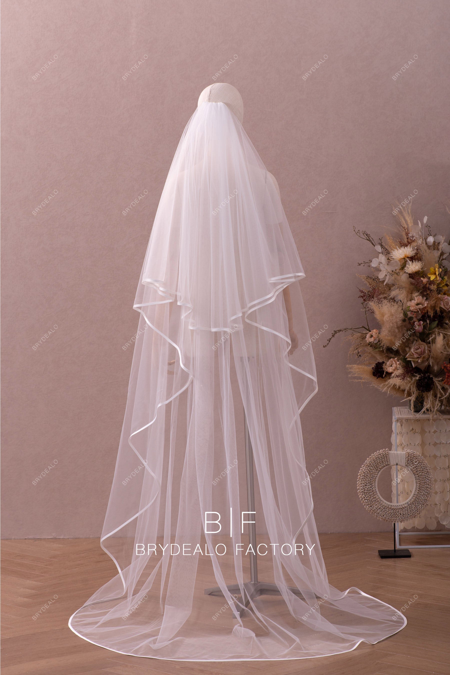 classic two tier ribbon tulle wedding veil