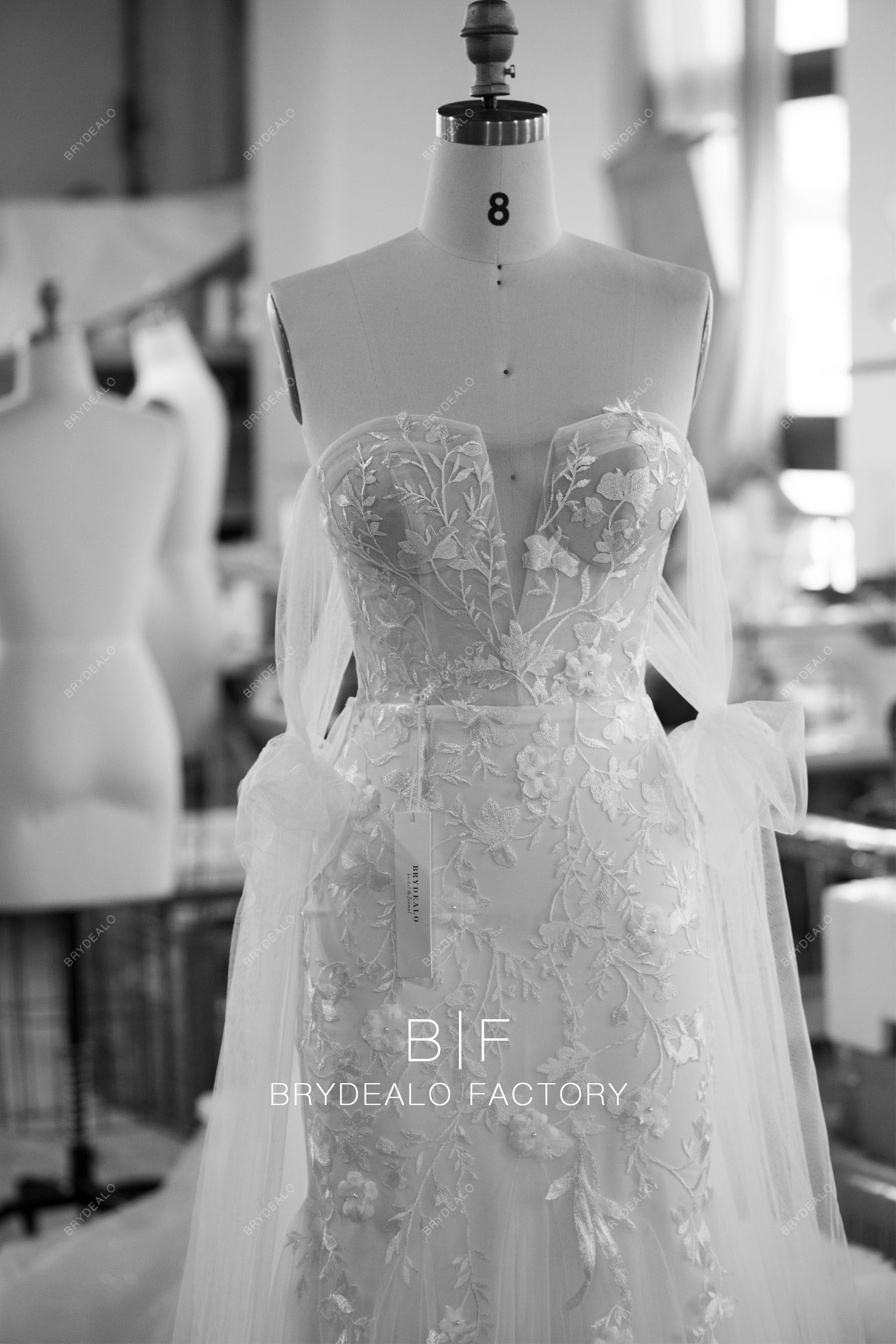 designer v-cut strapless lace tulle bridal gown