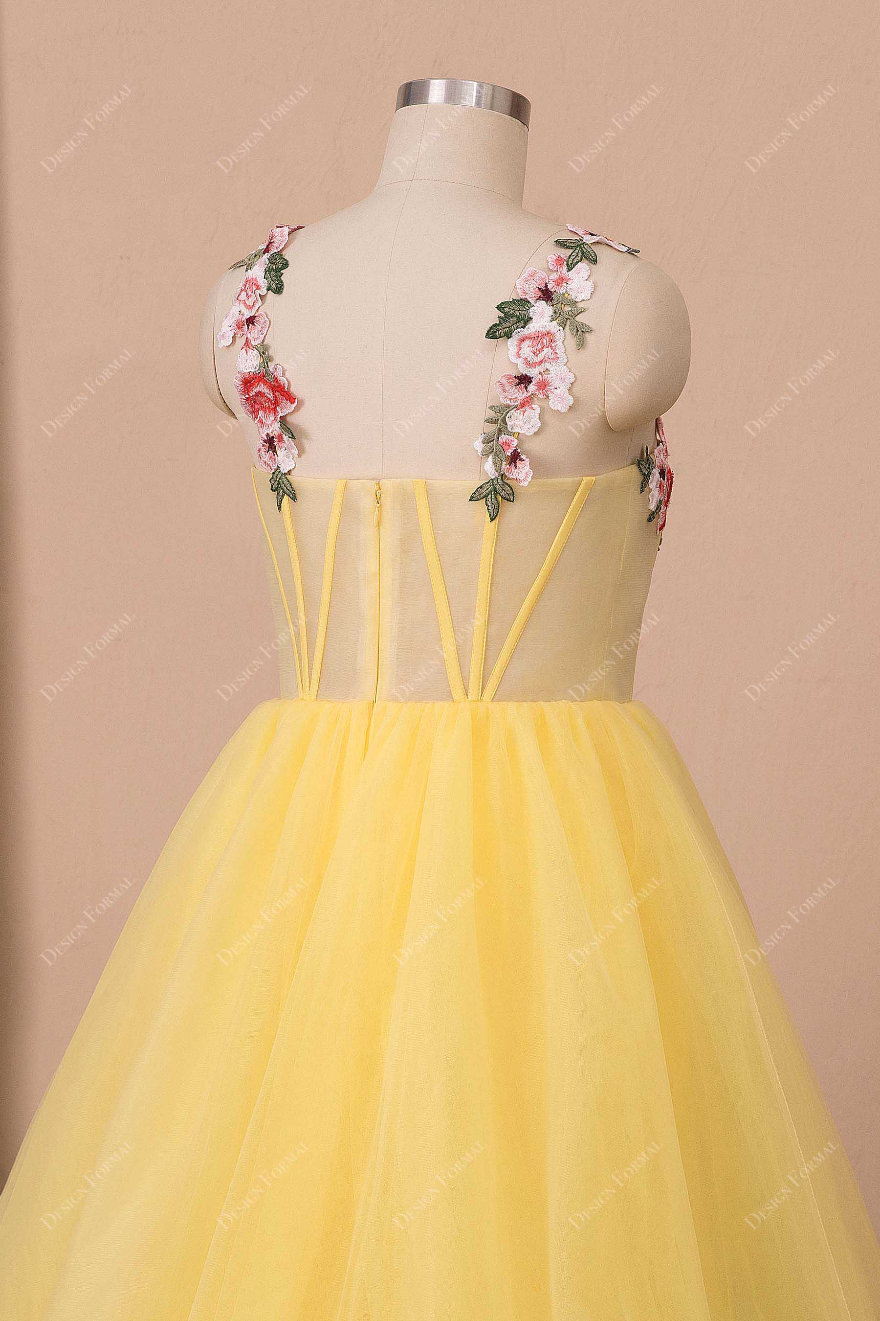 Yellow Tulle Corset Pageant Embroidered Straps Slit Fairy Prom Dress