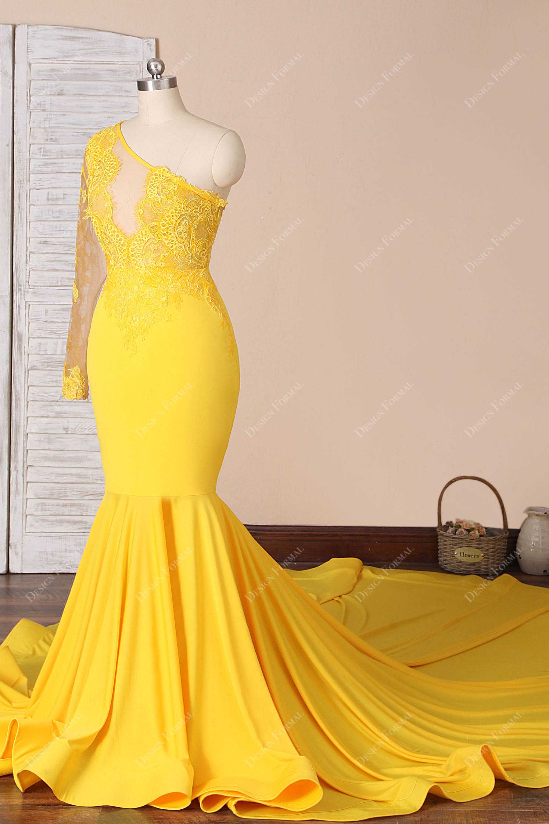 yellow lave one sleeve mermaid gown