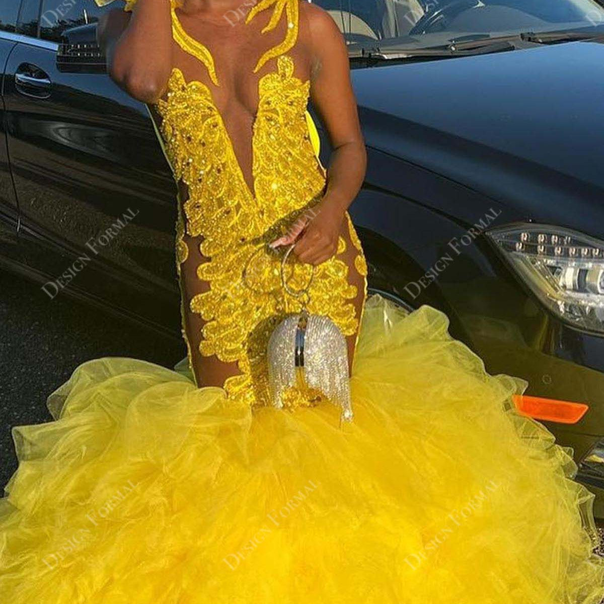ivrose prom dresses Yellow Prom Prom Dresses Ivrose Sheer Yellow Crystals Lace Ruffled Tulle  Trumpet Custom Prom Dress