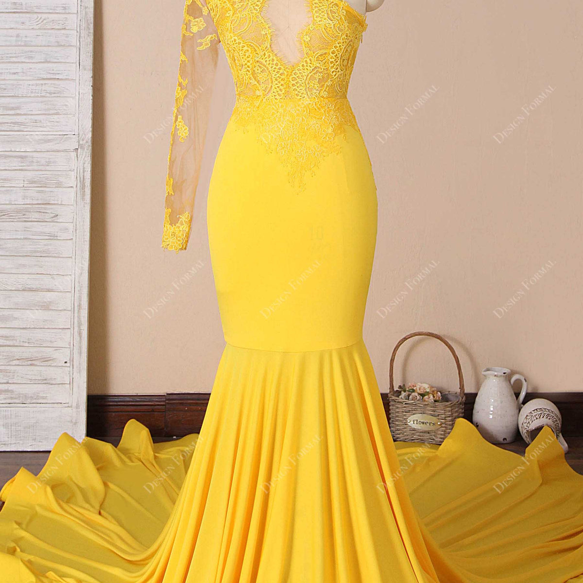 yellow off the shoulder mermaid dress Yellow Unique One Shoulder Lace Jersey Long Mermaid Sexy Prom Dress
