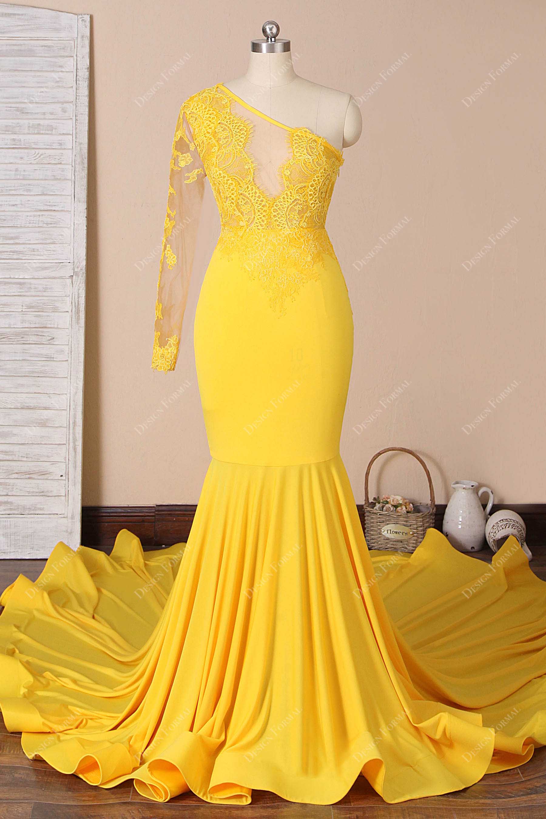 yellow one shoulder lace mermaid dress