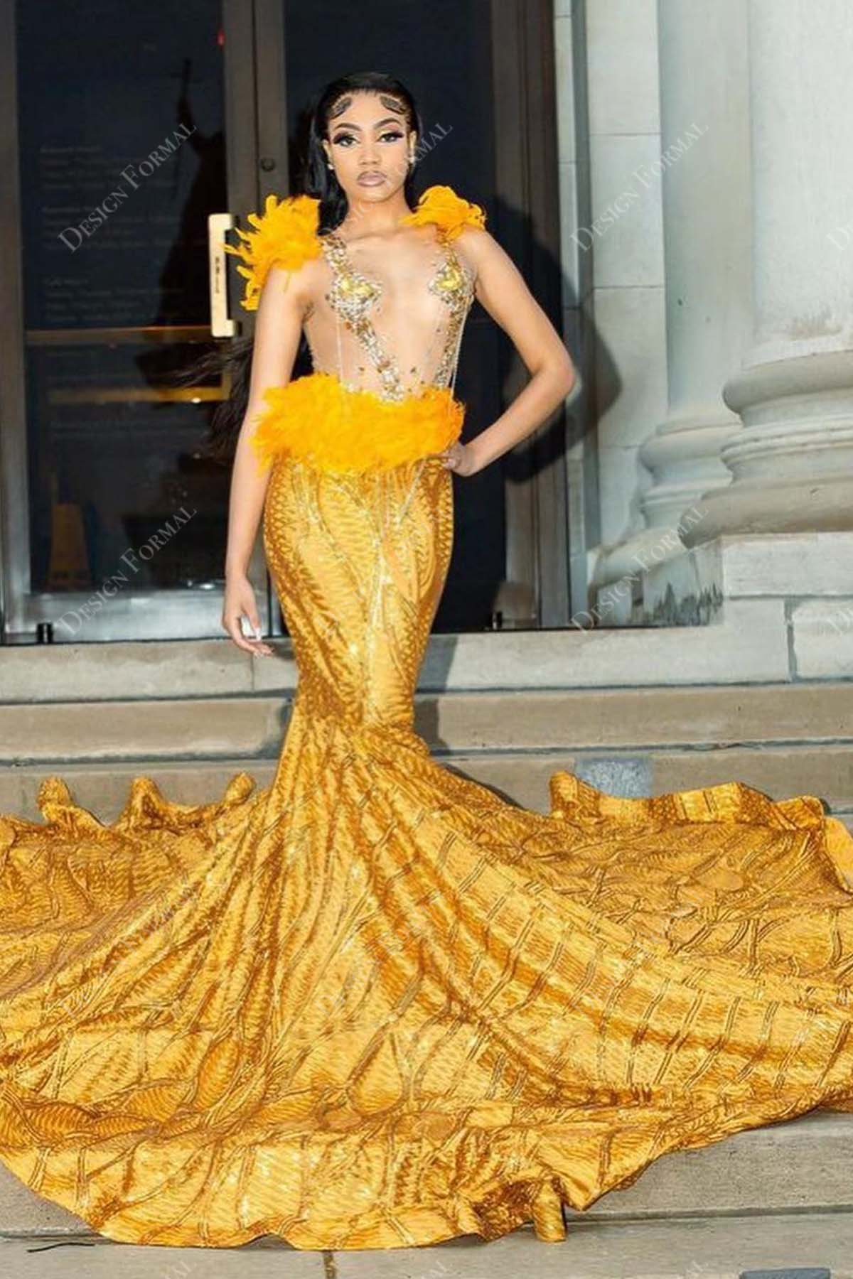 yellow sequin feather sheer mermaid long prom dress