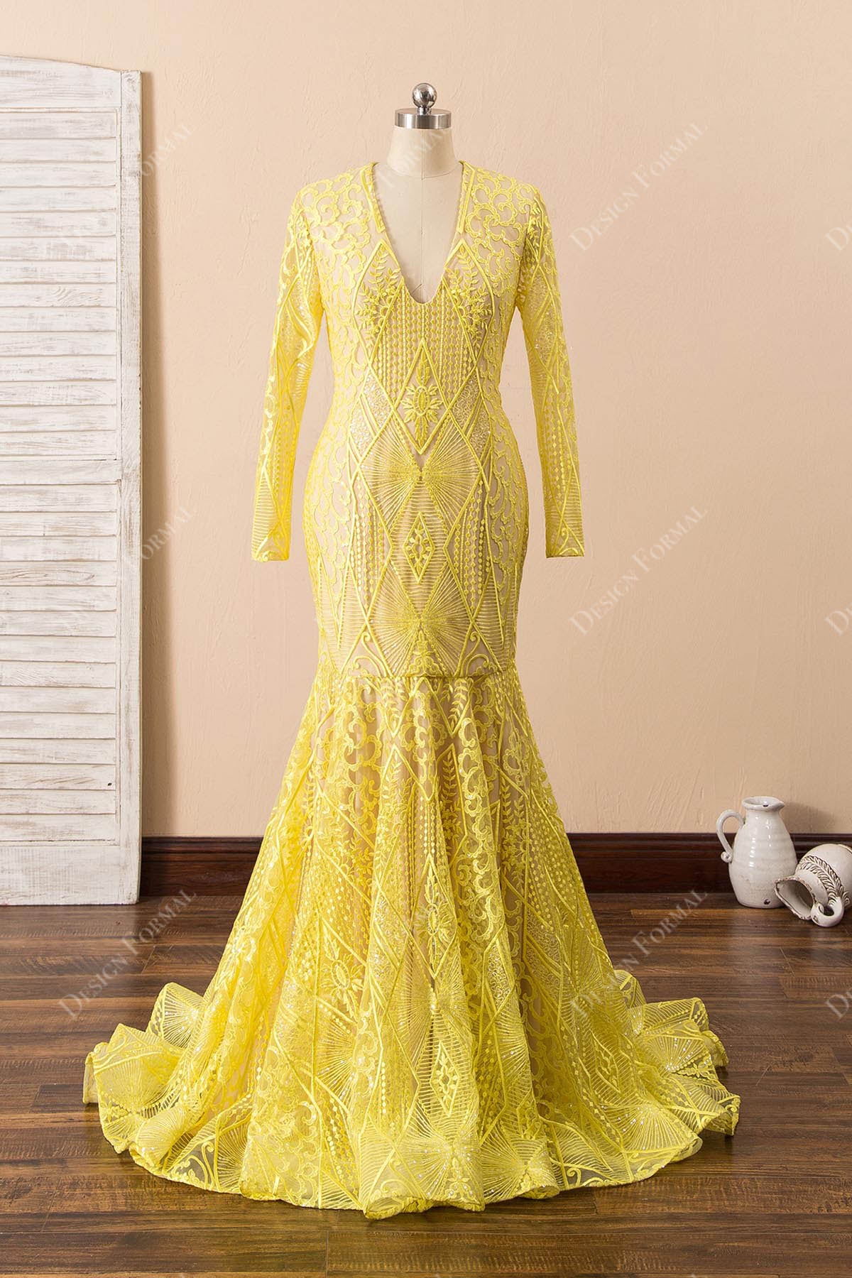 Yellow Lace Sequin V-neck Long Sleeve Mermaid Prom Dress