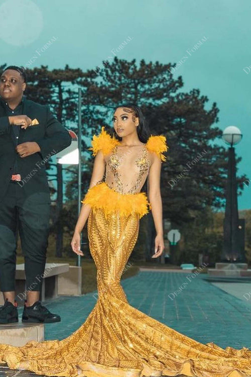 Yellow Sequin Turkey Feather Designer Mermaid Long Train Prom Dress