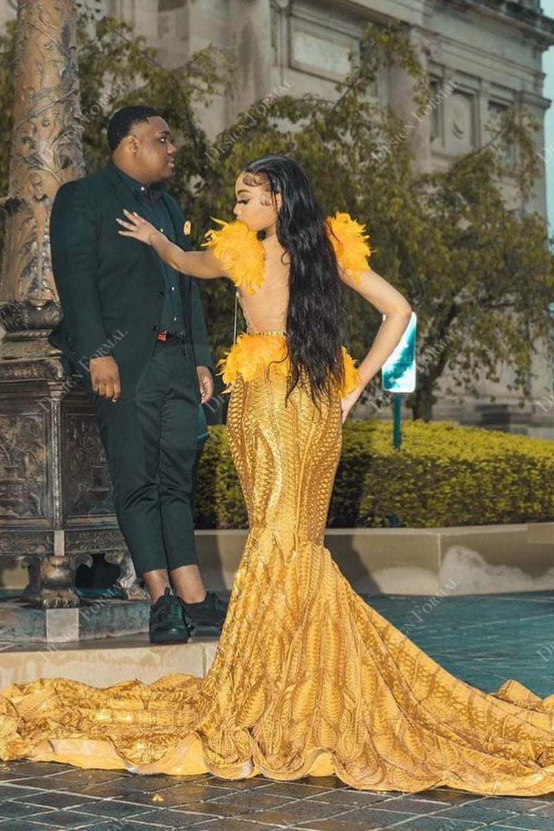 Yellow Sequin Turkey Feather Designer Mermaid Long Train Prom Dress
