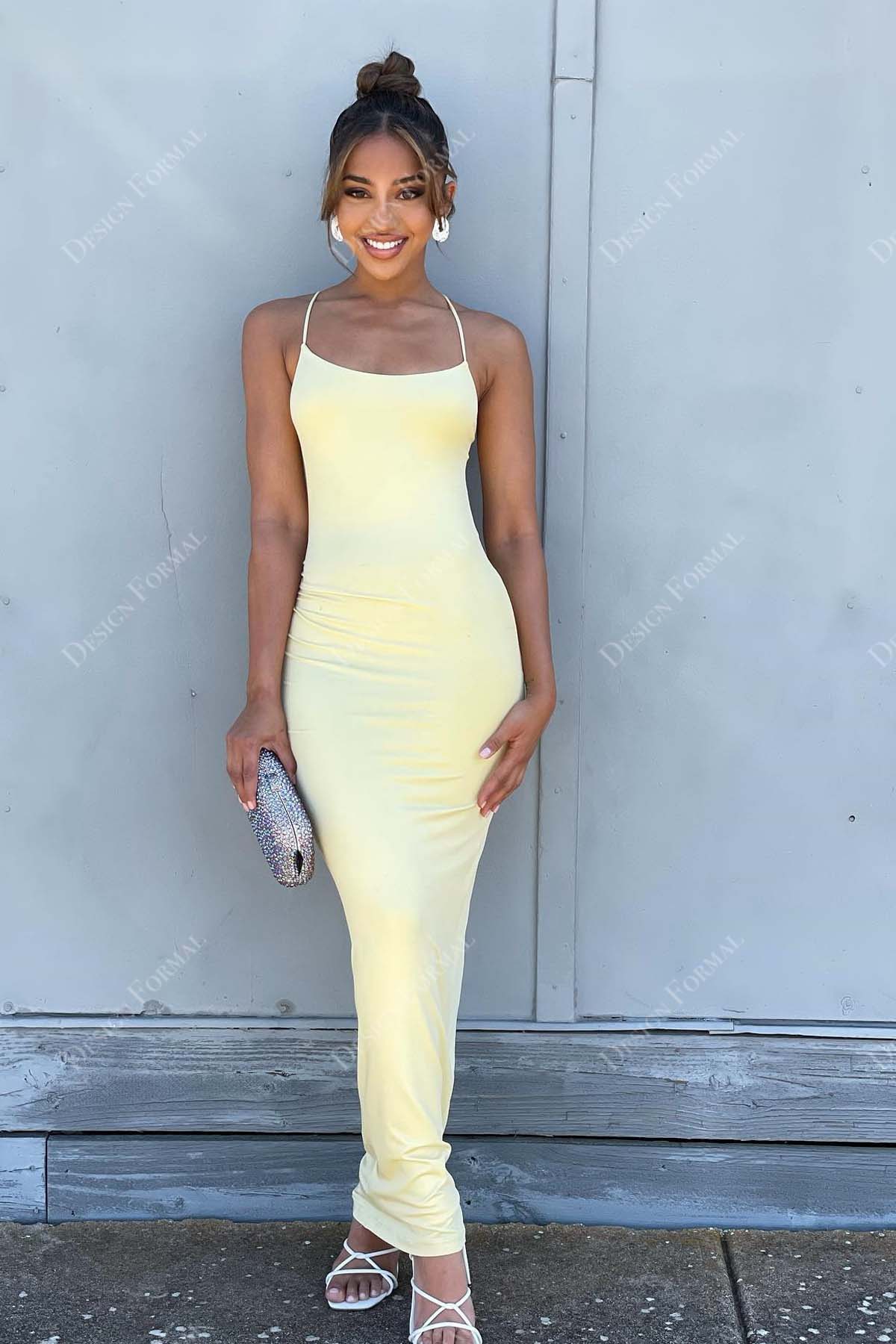 yellow jersey spaghetti straps scoop neck sheath ankle length prom dress