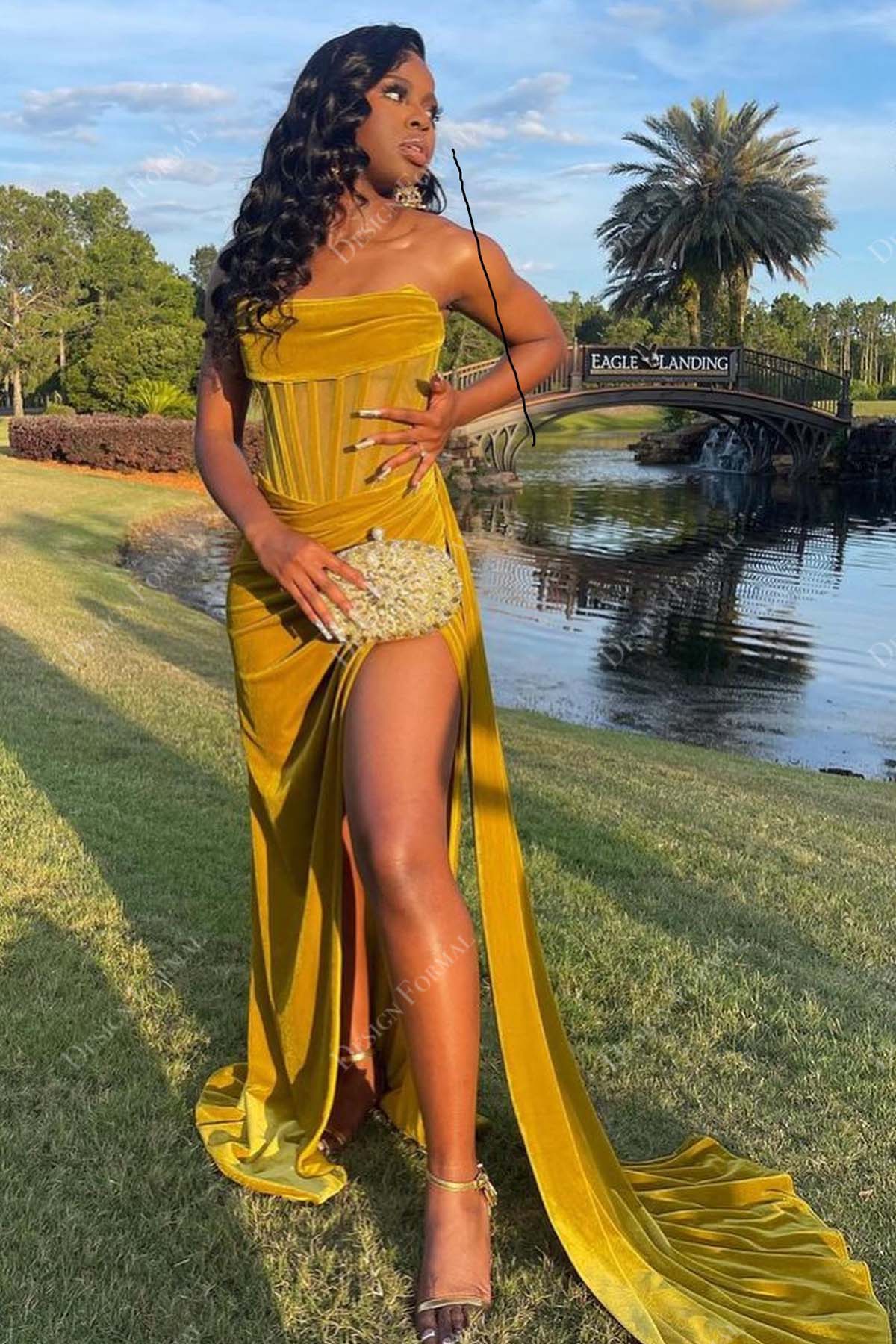 yellow velvet strapless high slit fit and flare long prom gown